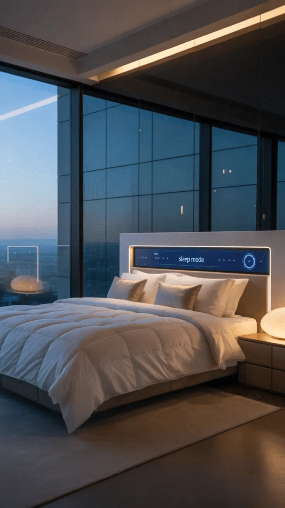 “Futuristic smart bedroom with LED lighting, modern minimal design, and panoramic city view through floor-to-ceiling windows. Contemporary white bed with digital sleep mode control panel and ambient lighting for luxury smart home inspiration.”