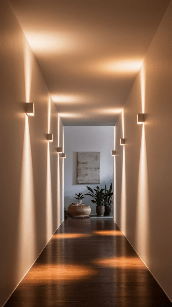 “Minimalist hallway with modern wall sconces creating ambient LED lighting reflections on white walls and dark wooden floor. Contemporary corridor design with warm light, indoor plants, and neutral decor for elegant modern home inspiration.”