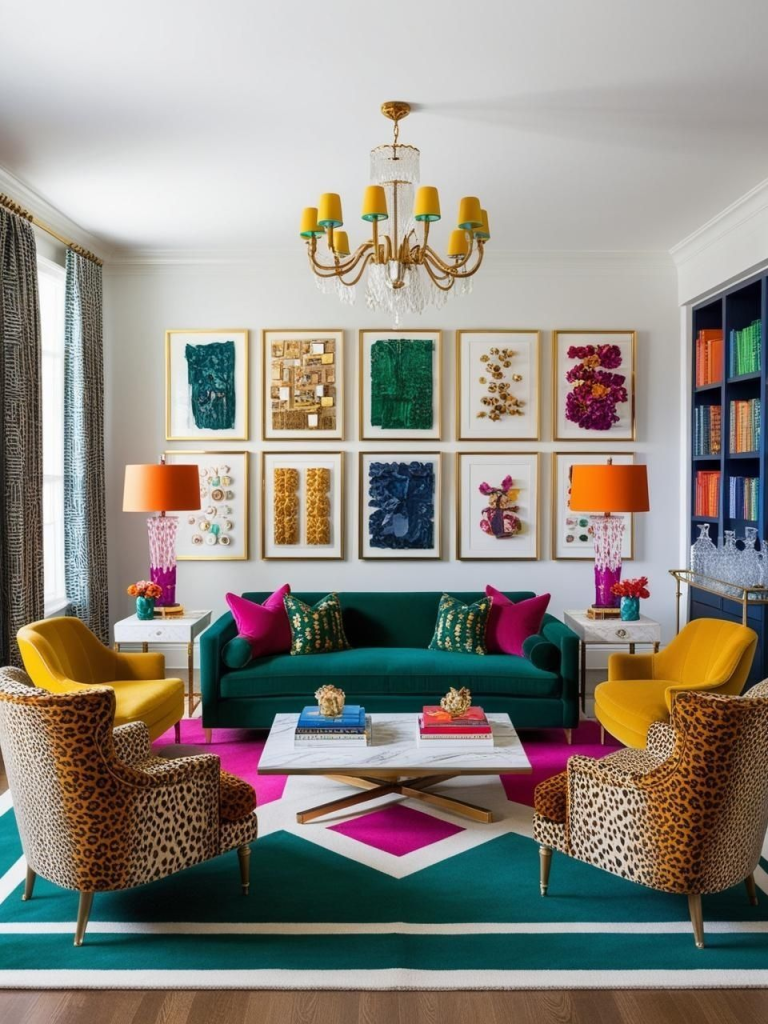 “Eclectic colorful living room with jewel-toned decor, velvet green sofa, mustard yellow armchairs, leopard print accent chairs, and vibrant fuchsia rug. Modern maximalist interior design with gold chandelier, gallery wall art, and bold contrasting patterns for a luxury statement home.”