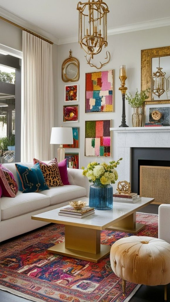 “Colorful eclectic living room with bohemian and modern glam touches, featuring a white sofa with jewel-toned pillows, gold accents, abstract wall art, and a vintage Persian rug. Bright and inviting design blending bold colors, textures, and luxurious decor for an artistic home interior.