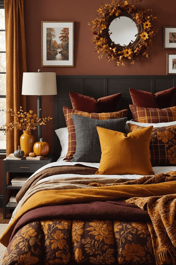 “Warm fall bedroom with layered bedding in rust, mustard, and brown tones, plaid and velvet pillows, autumn wreath above the bed, and seasonal decor with pumpkins and amber accents for a cozy autumn retreat.”