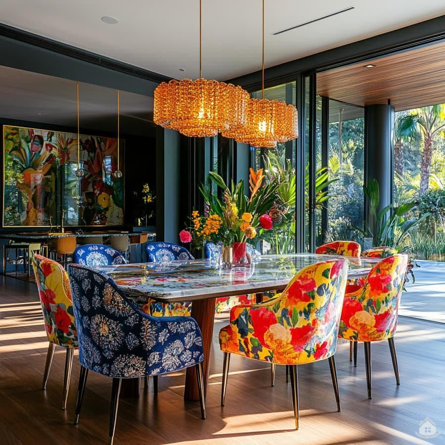 “Eclectic colorful dining room with bold floral chairs, amber pendant lighting, and large glass windows overlooking lush greenery. Vibrant modern decor featuring tropical prints, natural wood floors, and artistic accents for a lively, creative home interior.”