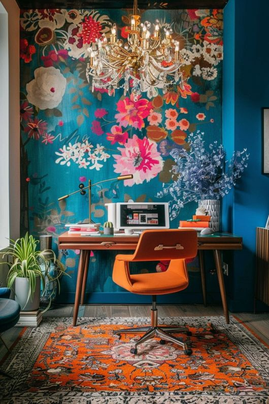 “Colorful home office with vibrant floral mural, orange chair, and mid-century modern wooden desk. Eclectic workspace design featuring blue walls, bold wallpaper, crystal chandelier, and patterned rug for a creative and inspiring interior setup.”