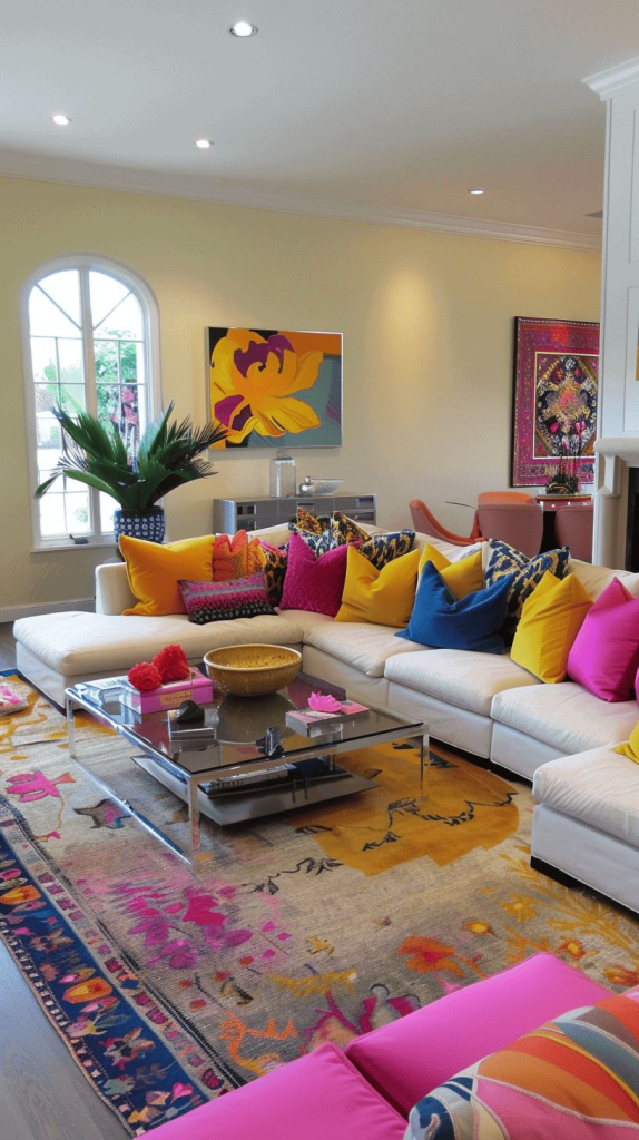 “Vibrant colorful living room with modern white sectional sofa, bright throw pillows in pink, yellow, and blue, and abstract floral artwork. Eclectic home decor featuring bold patterns, layered rugs, and statement wall art for a cheerful and artistic interior design.”
