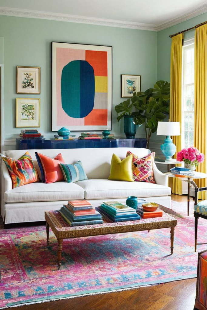 “Colorful modern living room with abstract wall art, vibrant throw pillows, and a mix of teal, yellow, and coral accents. Eclectic interior design featuring a white sofa, patterned rug, and bright decor for a cheerful, artistic, and inviting space.”