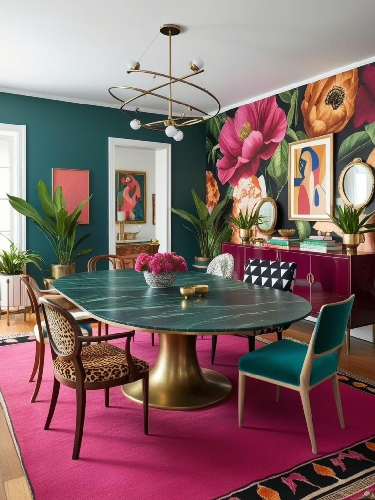 “Eclectic dining room with bold floral wallpaper, emerald green walls, and a modern gold chandelier. Vibrant interior design featuring a green marble dining table, magenta rug, mixed chairs, and statement wall art for a colorful and stylish home decor look.”