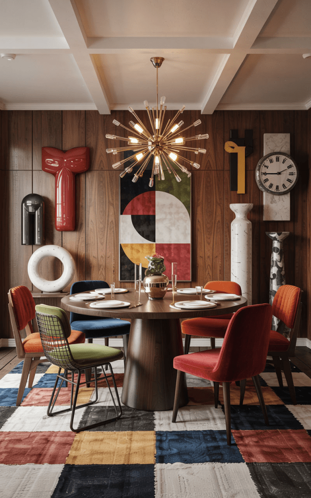 “Mid-century modern dining room with a bold geometric art wall, brass starburst chandelier, and colorful velvet chairs. Eclectic interior design combining warm wood paneling, artistic sculptures, and a checkered rug for a stylish retro-contemporary home decor look.”