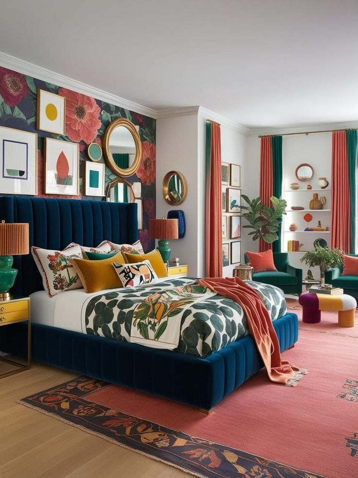 “Eclectic colorful bedroom with bold floral wallpaper, emerald green velvet bed frame, and coral and mustard accents. Modern maximalist decor featuring mixed prints, gold mirrors, statement curtains, and botanical bedding for a vibrant, artistic, and cozy interior design.