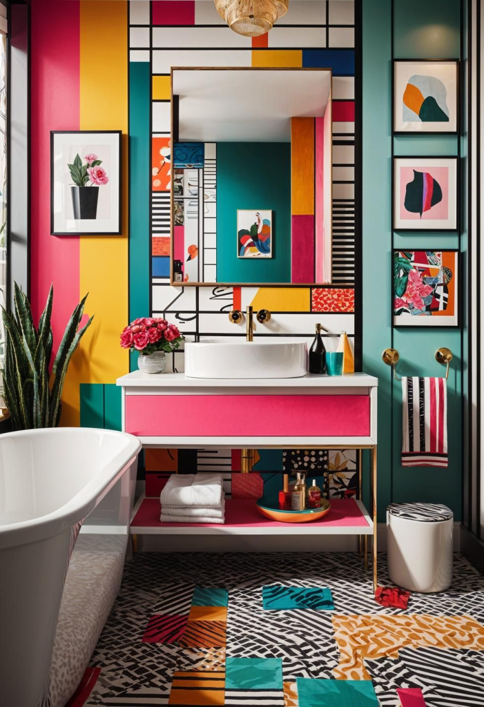 “Vibrant modern bathroom with bold geometric wallpaper in pink, teal, yellow, and black. Artistic vanity design with bright pink drawers, gold fixtures, and abstract wall art. Eclectic maximalist interior blending pop art influences with playful color blocking and contemporary decor.”