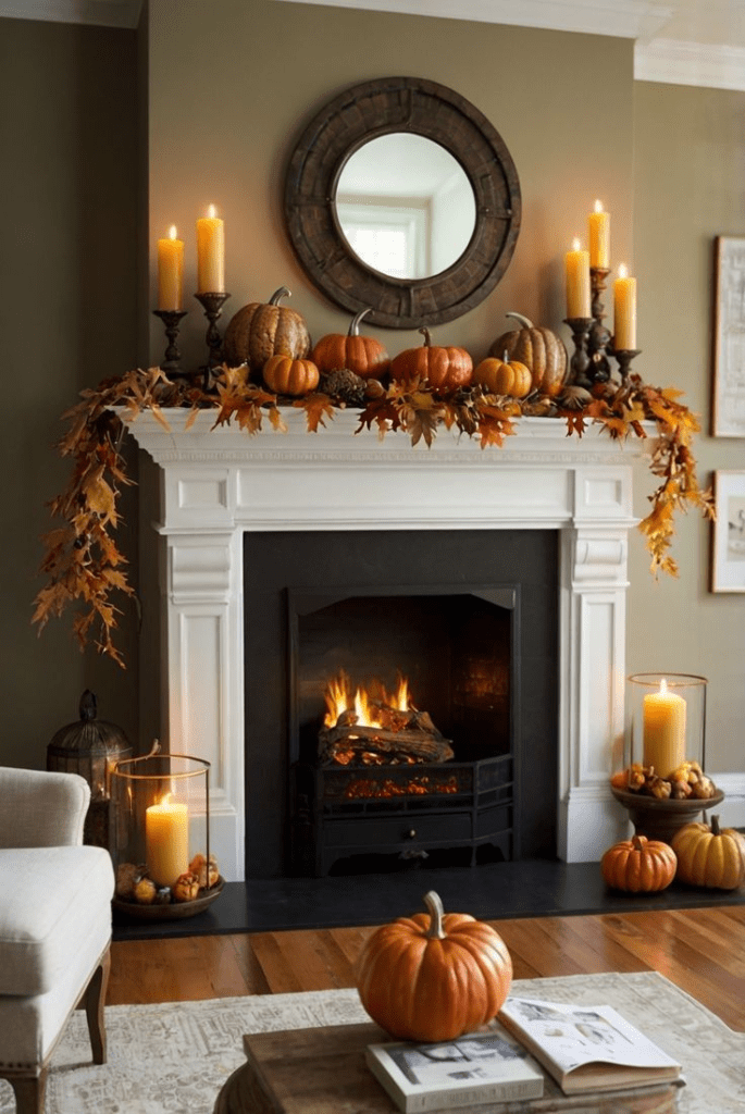 “Elegant fall fireplace decor with pumpkins, autumn leaves, and candles arranged on a white mantel, cozy fire burning below, and warm earthy tones creating a welcoming seasonal atmosphere.”