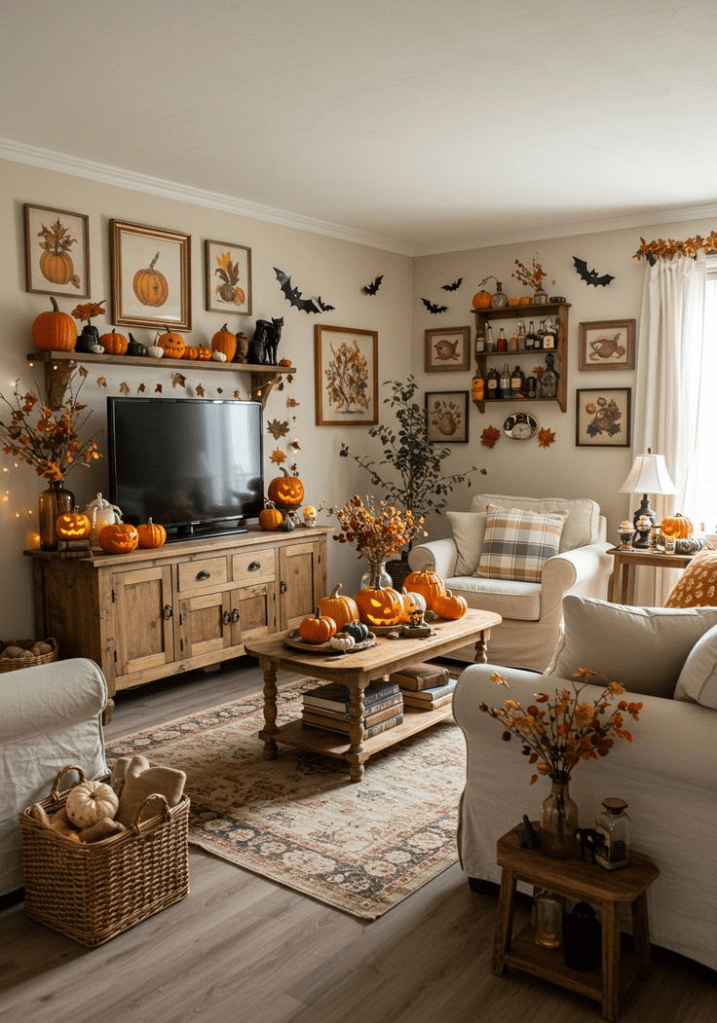 “Cozy fall living room decorated with rustic farmhouse furniture, neutral sofas, wooden coffee table, and festive pumpkin decor. Warm autumn tones, plaid pillows, fall leaves, and seasonal accents create a charming harvest-inspired home interior perfect for cozy autumn nights.”