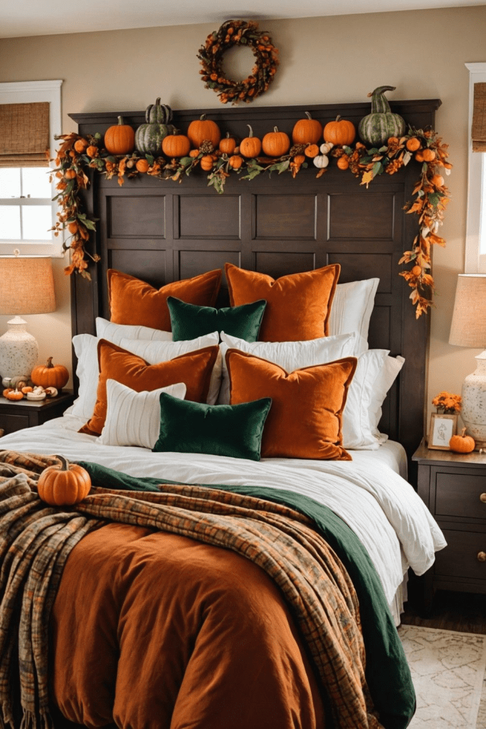 “Cozy fall bedroom decorated with burnt orange and green velvet pillows, white bedding, plaid throw blanket, and pumpkin garland over a dark wood headboard. Warm autumn tones and seasonal accents create an inviting harvest-inspired bedroom perfect for fall home decor.”