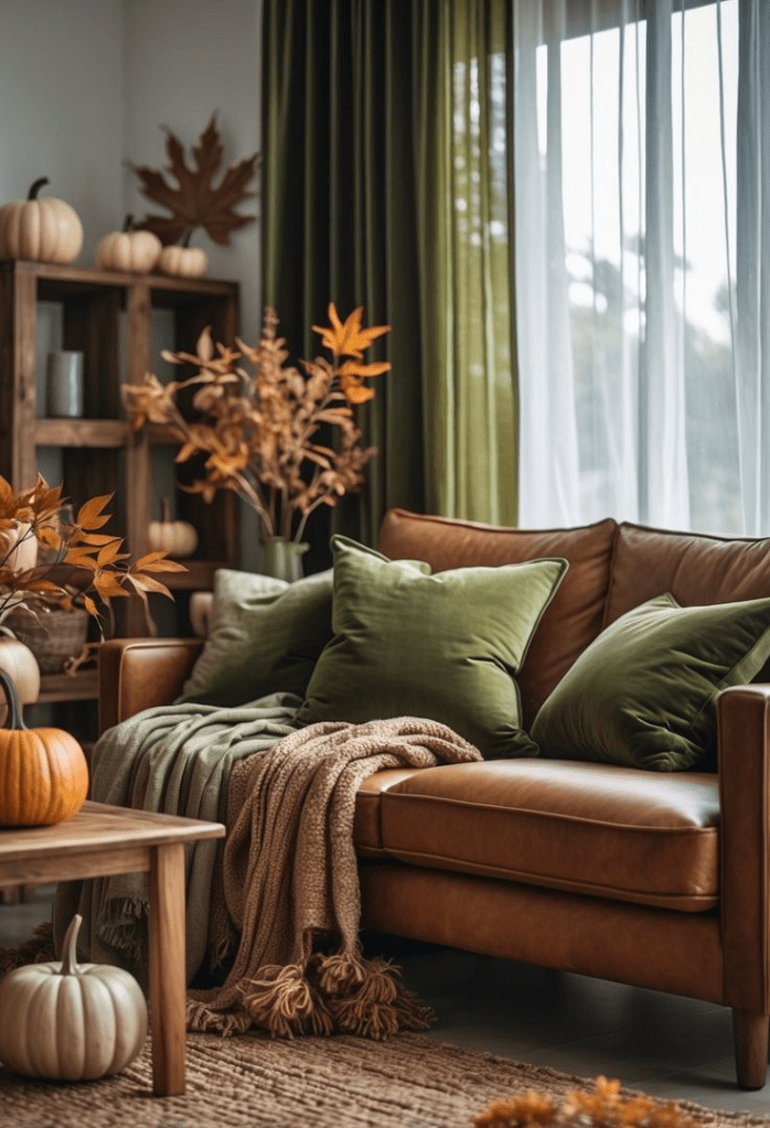 “Modern fall living room with tan leather sofa, green velvet pillows, cozy knit throw blanket, rustic wooden coffee table, and pumpkin decor. Earthy autumn tones and natural textures create a warm and inviting seasonal home atmosphere.”