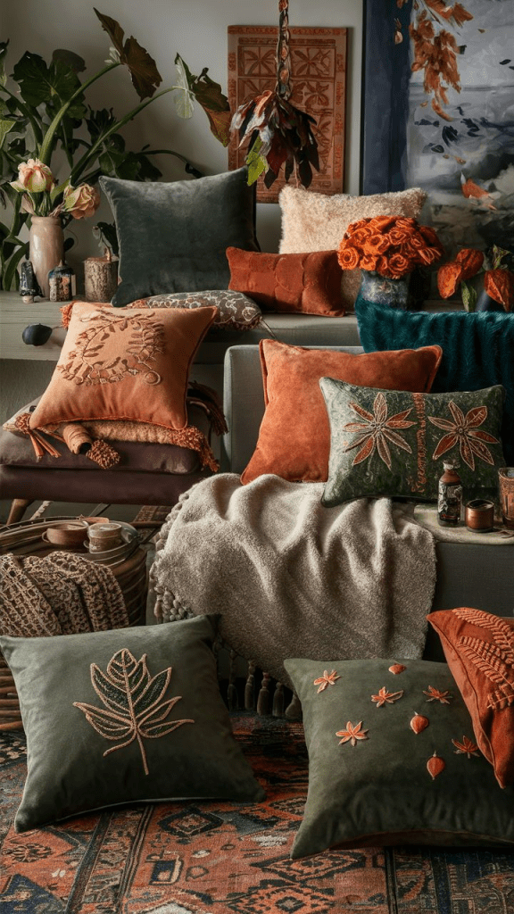 Warm fall home decor setup featuring velvet and embroidered throw pillows in burnt orange, moss green, and rust tones, cozy knit blankets, wooden accents, and dried floral arrangements creating a rich autumn atmosphere.”