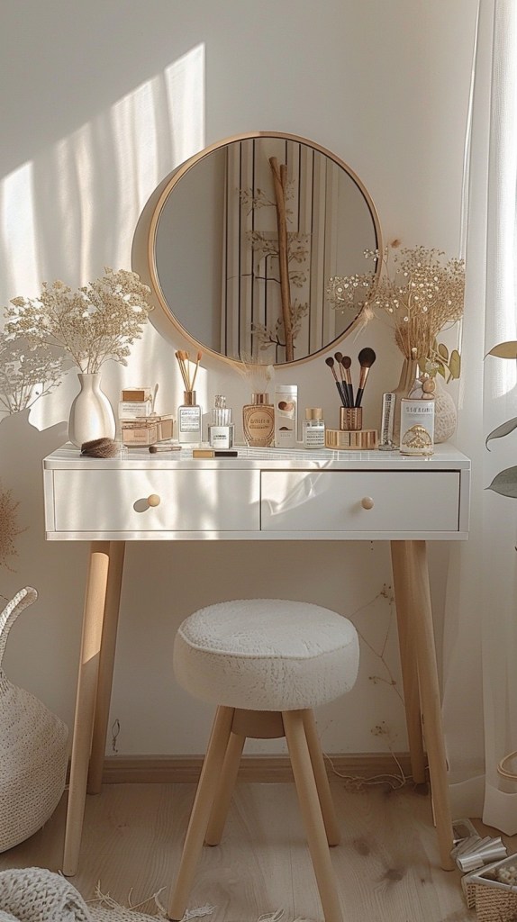 “Minimalist makeup vanity with round mirror, natural wood legs, beauty products, makeup brushes, and dried flowers styled in soft neutral tones. Cozy feminine dressing table setup with warm sunlight and Scandinavian decor.”
