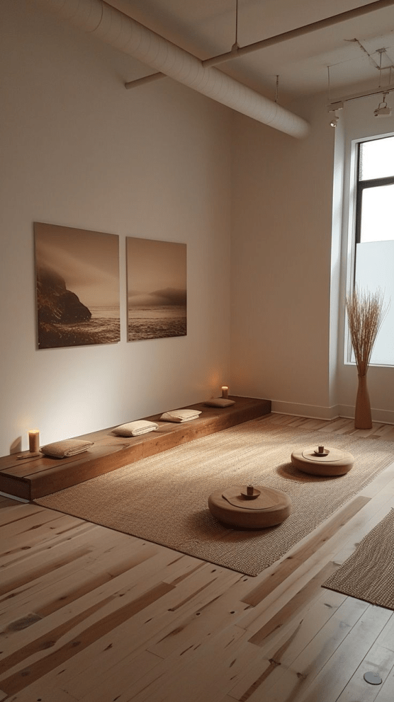 “Minimalist meditation room with natural wood benches, floor cushions, soft candlelight, neutral wall art, woven rug, and serene zen décor designed for mindfulness and relaxation.”