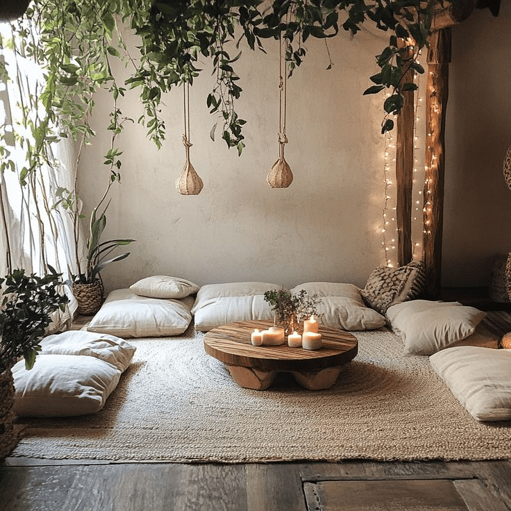 “Cozy boho meditation room with floor cushions, low wooden table, candles, hanging plants, soft string lights, and natural earthy decor creating a serene calming space.”