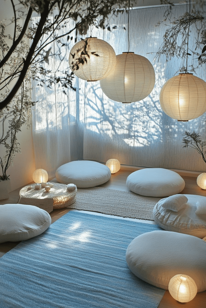“Minimalist zen meditation room with round floor cushions, soft blue rug, warm lantern lighting, and hanging paper lamps casting gentle shadows from indoor branches.”