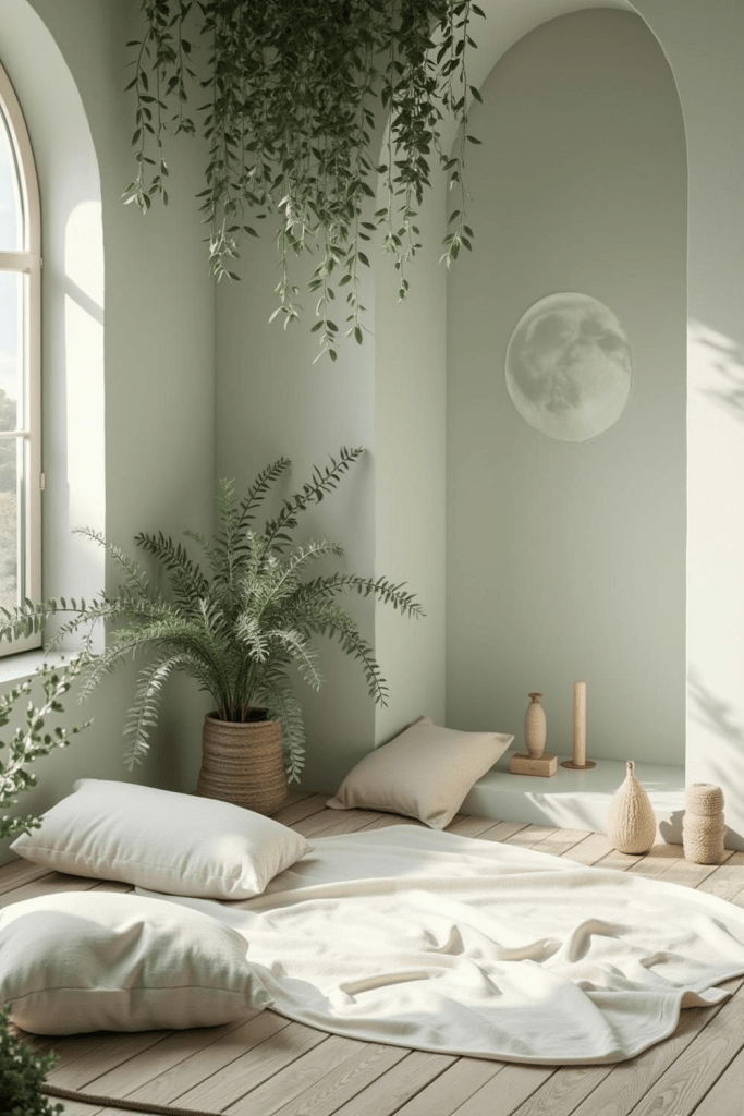“Serene minimalist meditation nook with soft floor cushions, light wood flooring, hanging greenery, a potted fern, and gentle moon wall art in natural sunlight.