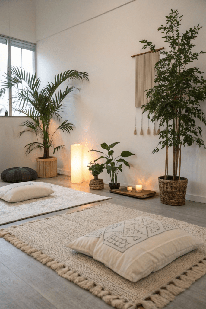 “Minimal zen meditation room with floor cushions, neutral textured rugs, indoor plants, soft candlelight, and a calming boho wall hanging.”
