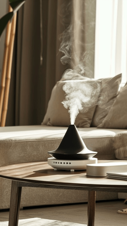 “Modern black essential oil diffuser releasing aromatic mist on a wooden coffee table in a cozy neutral living room with beige sofa, soft natural light, and calming minimalist décor.”