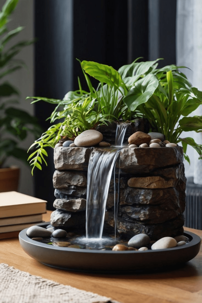 "Indoor tabletop waterfall fountain with natural stacked stones, flowing water, and lush green plants on a wooden table relaxing zen home décor for meditation spaces."