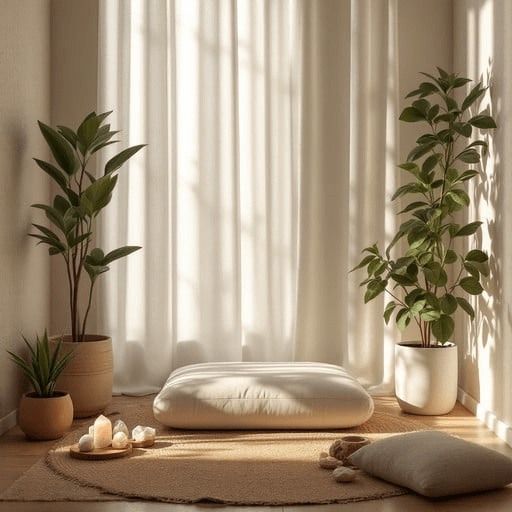 “Minimalist meditation corner with soft natural light, floor cushion, indoor plants, cozy neutral rug and lit candles creating a calming zen atmosphere for mindfulness and relaxation.”