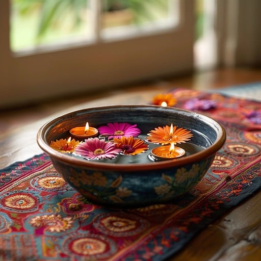 “Decorative bowl filled with floating candles and colorful flowers on a vibrant patterned table runner, creating a warm and calming home décor ambiance.”
