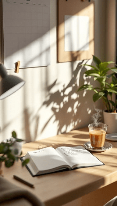 “Cozy morning workspace with an open journal, steaming cup of coffee, soft natural sunlight, indoor plants, and minimal decor—calm home office for mindful productivity.”