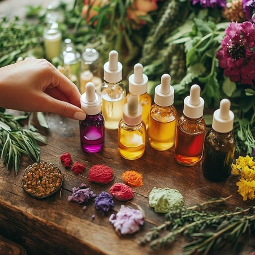 “Aromatherapy essential oils in glass dropper bottles arranged on a wooden table with dried herbs, colorful flower petals, and natural skincare ingredients.”