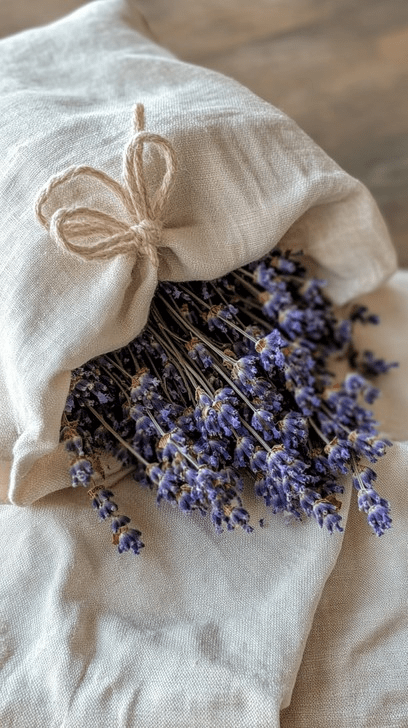 Close-up of a natural linen sachet filled with dried lavender stems, showcasing purple lavender buds spilling from a rustic fabric pouch, perfect for aromatherapy, relaxation, and eco-friendly home fragrance.”