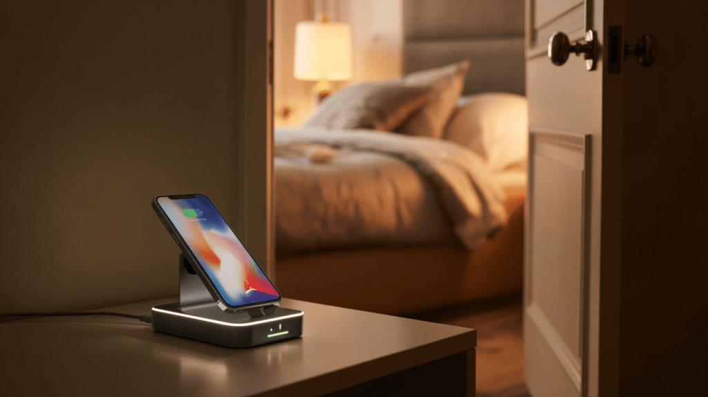 “Smartphone charging on a sleek bedside wireless dock with soft ambient lighting in a cozy modern bedroom. Warm tones, tech-meets-comfort design, and minimalist nighttime setup promoting mindful digital habits and evening relaxation.”