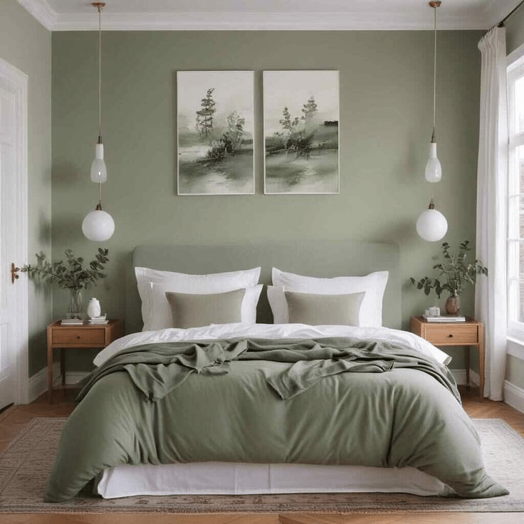 “Calm sage green bedroom with a modern upholstered bed, layered white and green bedding, matching throw blanket, minimalist wooden nightstands, hanging pendant lights, and botanical wall art, creating a serene and cozy minimalist sanctuary.”