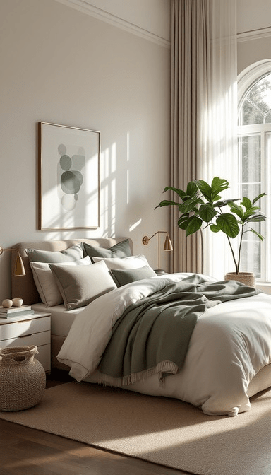 “Serene modern bedroom with soft neutral decor, green accents, cozy layered bedding, and a large window with natural light. Minimalist artwork, gold wall sconces, and a tall indoor plant create a calming, elegant space.”