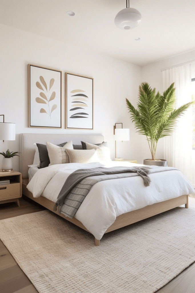 “Modern minimalist bedroom with neutral decor, light wood furniture, cozy layered bedding, abstract wall art, and a large indoor palm plant. Soft natural light and warm textures create a calming, Scandinavian-inspired space.”