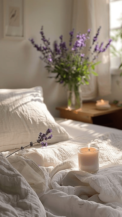 “Peaceful morning bedroom scene with soft natural light, white linen bedding, a lit candle, and fresh lavender flowers in a vase. Cozy minimalist decor evokes calm, mindfulness, and relaxation for a serene self-care morning ritual.”