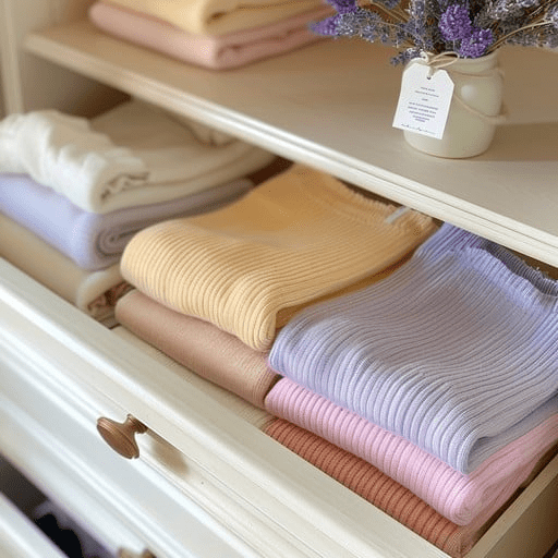 “Stacked pastel knit blankets neatly folded in a white dresser drawer, featuring soft lavender, peach, beige, and cream tones, with a small lavender bouquet in a ceramic vase creating a cozy, organized bedroom aesthetic.”