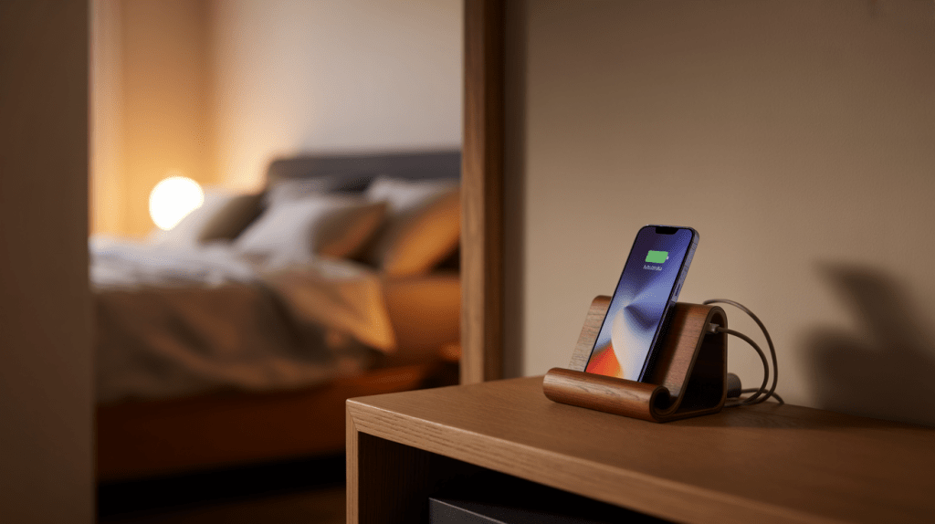 “Smartphone charging on a wooden phone stand in a cozy minimalist bedroom, warm ambient lighting, modern nightstand setup, and clutter-free tech-friendly sleep environment promoting a calming evening routine.”
