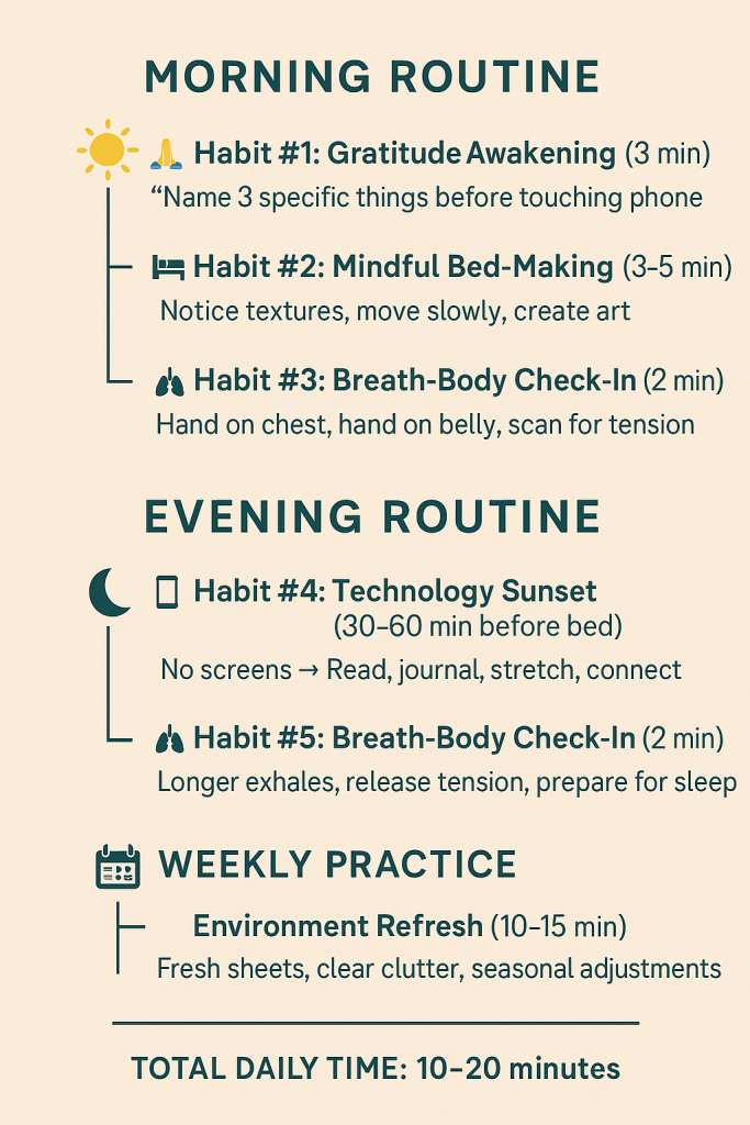 “Mindful morning and evening routine infographic with simple daily habits for gratitude, relaxation, and better sleep. Includes practices like mindful bed-making, breath-body check-ins, tech-free evenings, and weekly environment refresh for stress-free living and improved wellness.”