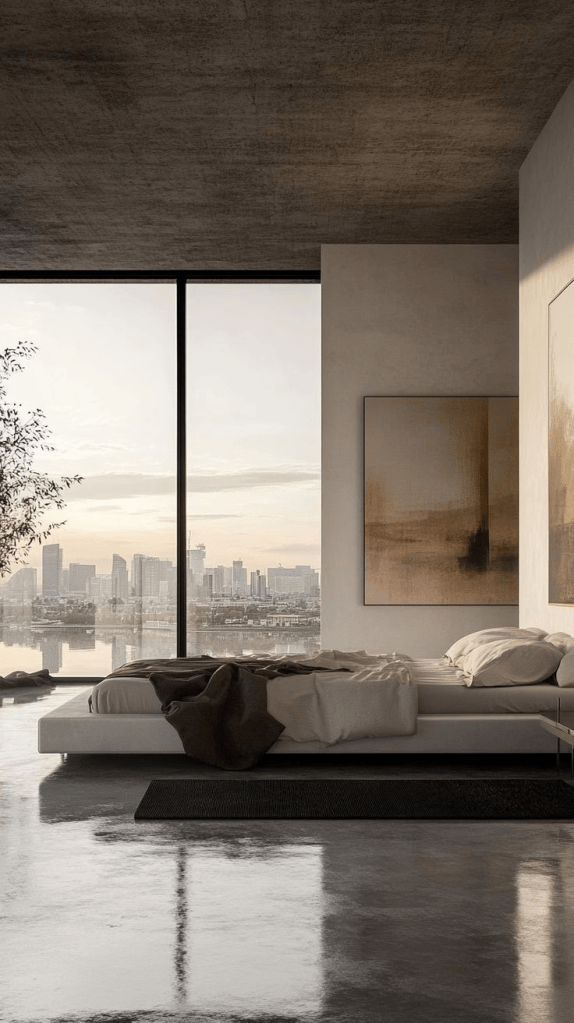 “Minimalist Japandi-style bedroom with neutral tones, low platform bed, modern art, and panoramic city skyline view at sunrise. Serene urban retreat blending Scandinavian simplicity with Japanese calm for a peaceful and elegant aesthetic.”