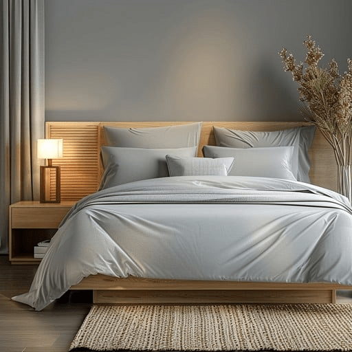 “Japandi-inspired minimalist bedroom with light wood bed frame, soft gray bedding, and natural woven rug. Serene modern decor blending Scandinavian simplicity and Japanese harmony, featuring neutral tones, clean lines, and cozy ambient lighting.”

