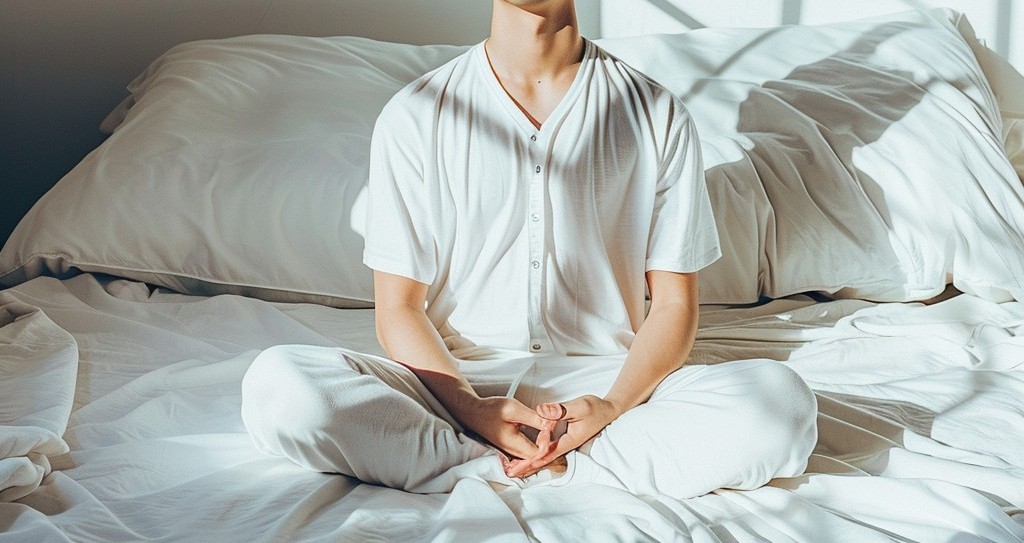 “Morning mindfulness practice in bed with soft natural light, person meditating in white pajamas for calm awakening and stress relief. Minimalist bedroom scene promoting inner peace, gratitude, and slow living wellness routine.”