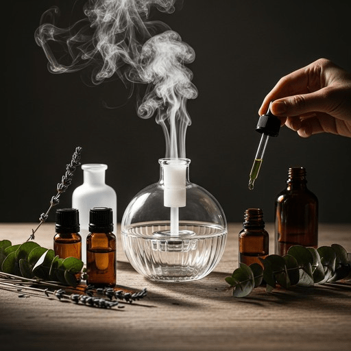 “Hand adding essential oil with a dropper into a glass diffuser surrounded by amber bottles, lavender sprigs, and eucalyptus on a wooden table, creating a calming aromatherapy setup.”