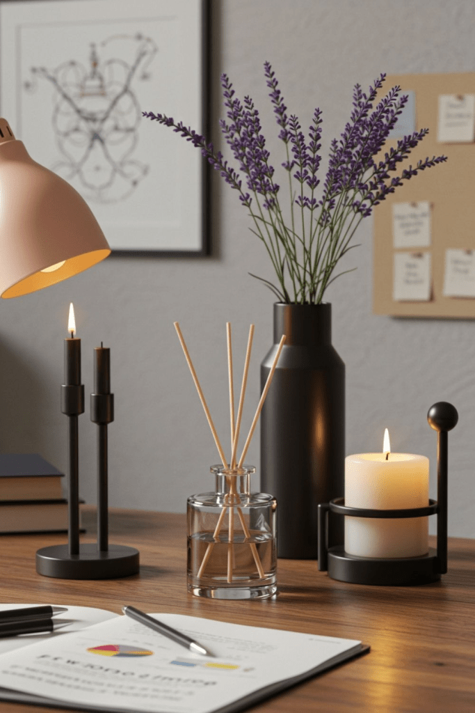 “Cozy workspace with lit candles, lavender bouquet in a black vase, and a glass reed diffuser on a wooden desk, creating a calm and focused aromatherapy-inspired office atmosphere.”
