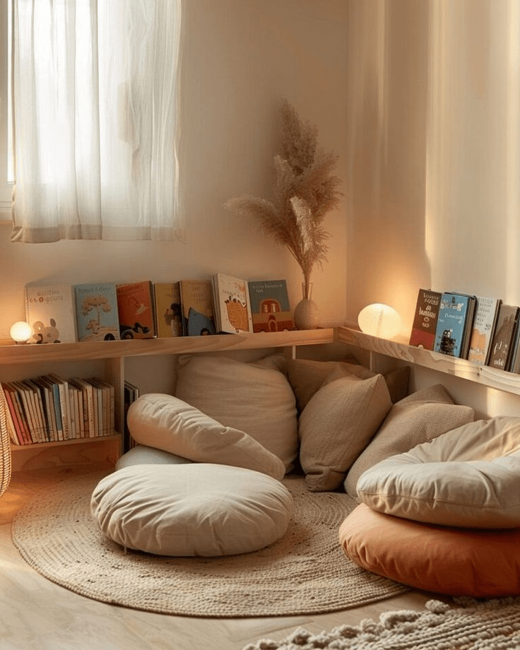 “Cozy Montessori-inspired reading nook with floor cushions, low wooden bookshelves, soft neutral pillows, warm ambient lighting, and children’s books, creating a calm and minimalist kids reading corner at home.”