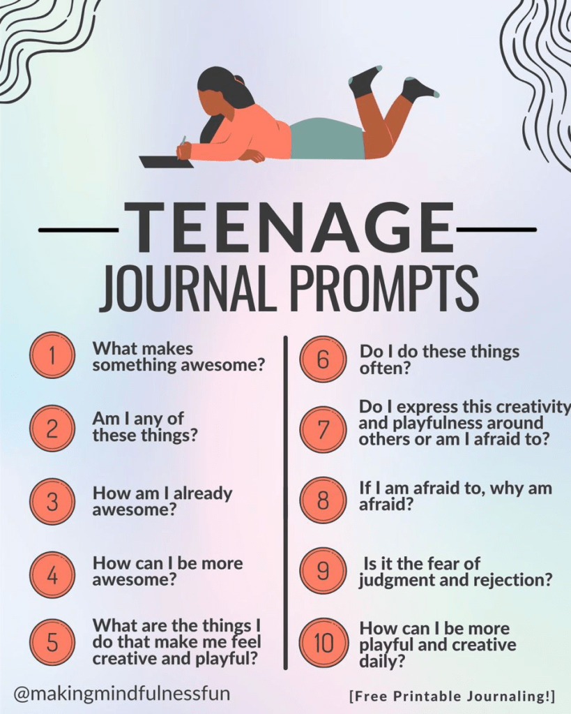 “Teenage journal prompts infographic featuring a teen girl illustration writing in a notebook and ten reflective journaling questions focused on self-confidence, creativity, self-expression, emotional awareness, and personal growth for teens.”