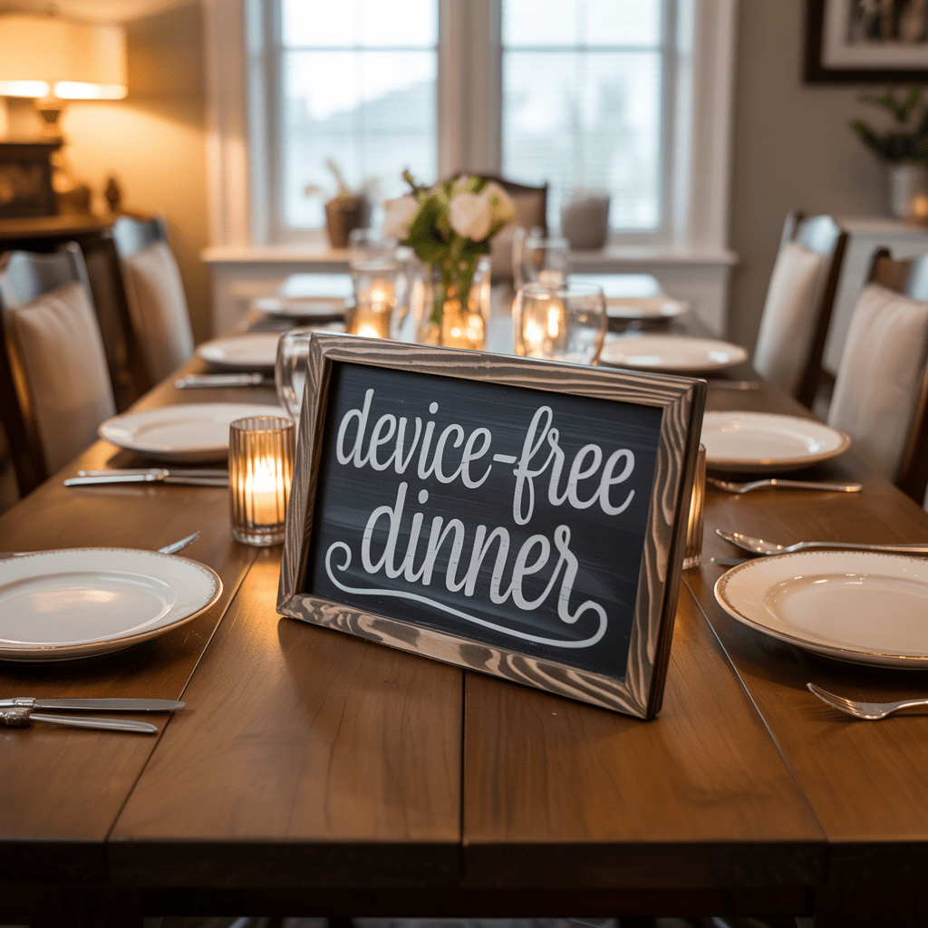 “Device-free dinner sign displayed on a beautifully set dining table with candles and place settings, promoting mindful family meals, screen-free time, and intentional connection at home.”