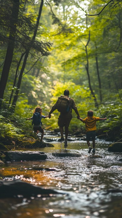 “Father holding hands with two young children walking through a shallow forest stream, surrounded by lush green trees, capturing an outdoor family adventure, nature bonding, mindfulness, and screen-free parenting.”