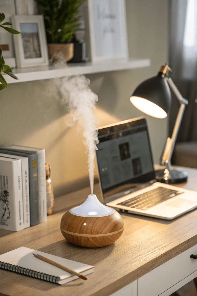 “Aromatherapy diffuser releasing mist on a cozy home office desk with a laptop, books, and warm lamp lighting, creating a calming workspace atmosphere that boosts focus and productivity.”