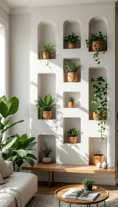“Modern living room with recessed wall niches displaying potted indoor plants, minimalist white walls, wooden bench and coffee table, natural light, and biophilic interior design for a calm, contemporary home decor aesthetic.”